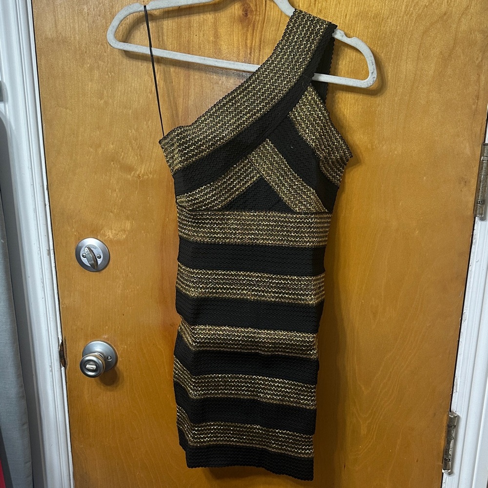 Lulumari Black and Gold Striped One-Shoulder Dress